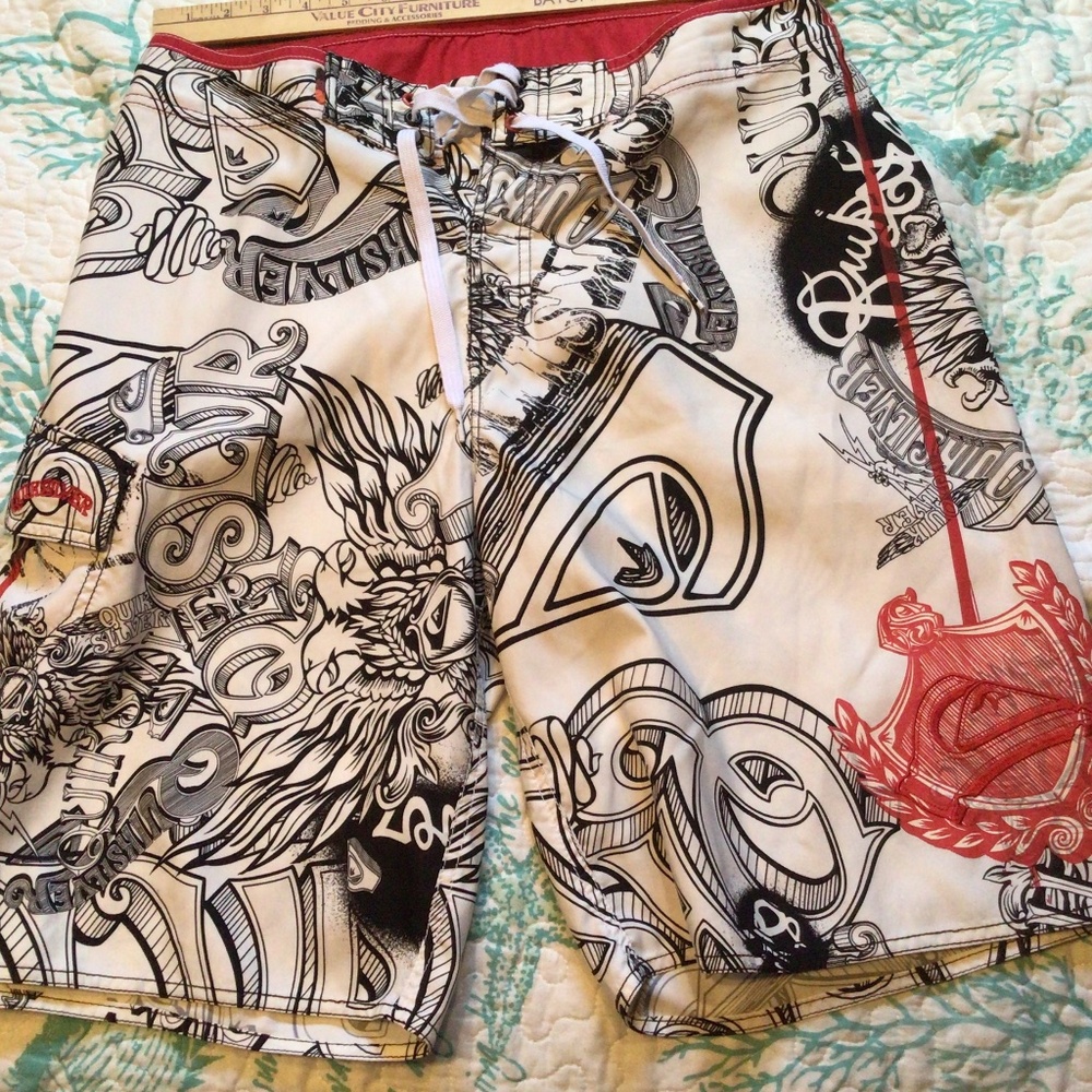 Quicksilver, medium, black , red and white, great board short, raised embroider.